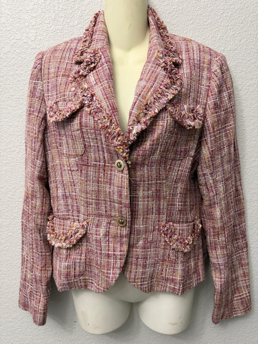 Vintage Pamela McCoy Pink Tweed Box Cut Jacket with Chiffon Tie Detail